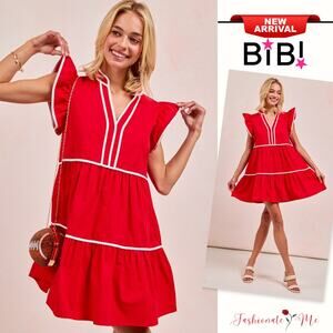 BiBi Gameday Theme Contrast Binding Ruffle Detail V-Neckline Mini Dress | Red